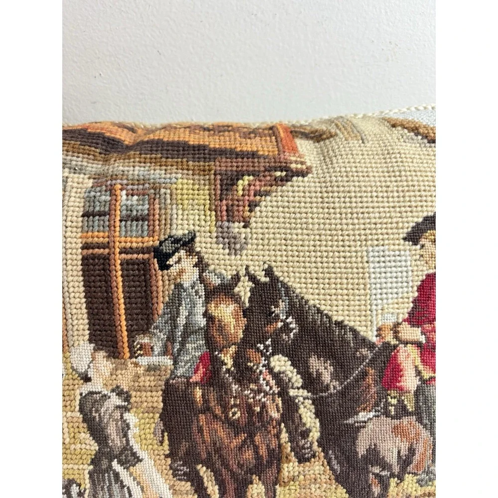 Petit Point Wool Horse Riders Colonial Needlepoint Pillow Zip Velvet Back 10x15